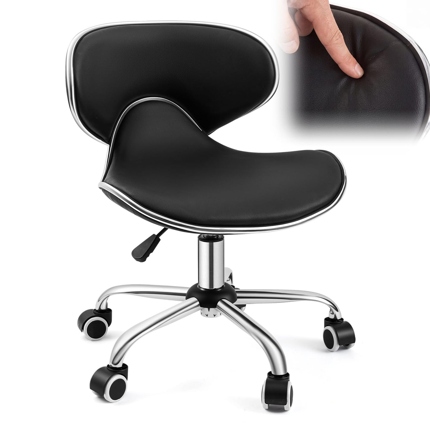 Geelin Pedicure Chair for Nail Tech, Ergonomic Back Support Rolling Stool, Adjustable Hydraulic Salon Spa Stool with Wheels, Swivel PU Leather Nail Tech Chair for Pedicure Tattoo Massage (Black)