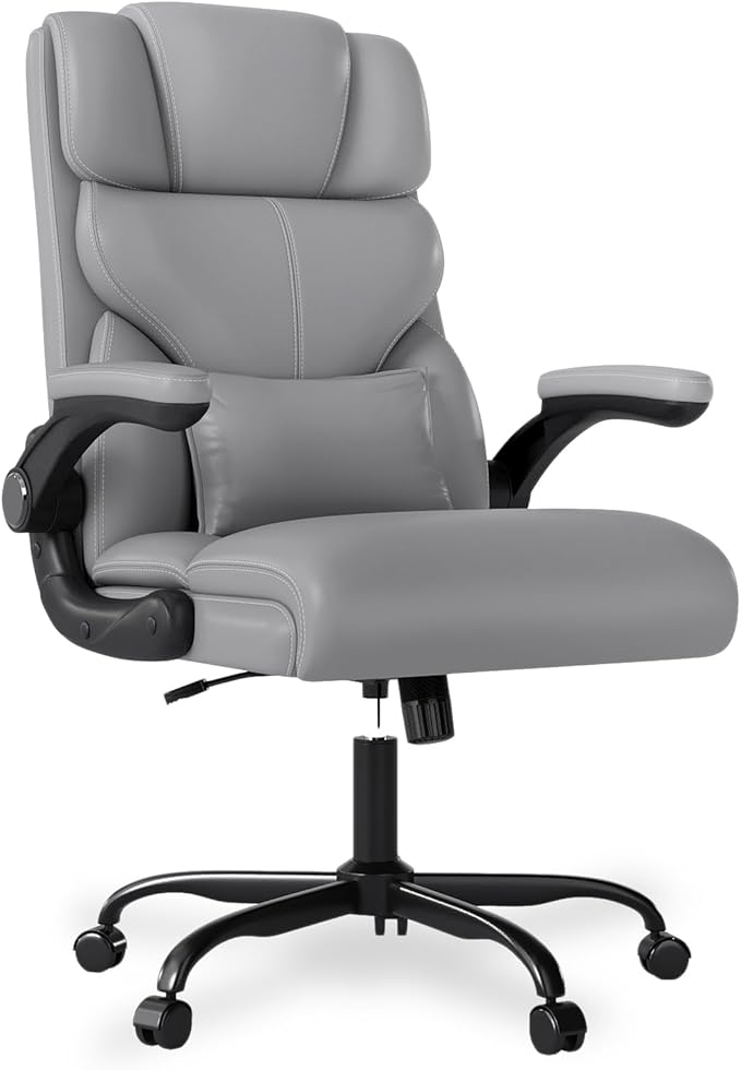 Executive Office Chair with Flip-up Armrests,Ergonomic Computer Desk Chairs,Mid-Tall Back Leather Office Chair 400 Lbs,Lumbar Support Swivel PC Chair with Rocking Function
