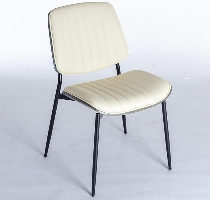 YaFiti Dining Chairs Set of 6, Mid Century Modern Accent Dining Room and Kitchen Chairs, Upholstered PU Leather Vertical Stripe Chairs for Vanity with Walnut Bentwood and Metal Legs, Beige