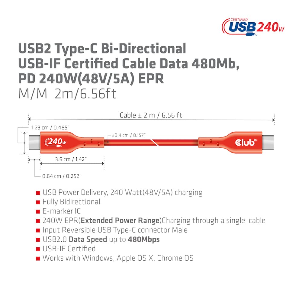 Club 3D Cac-1511 Usb2 Type C To Type C Certified Bi-Directional Cable With 240W Charging, 480Mb Data Transmission Epr 1M - 3.28F