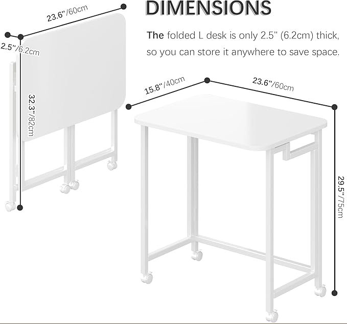 4NM 23.6" Mobile Small Rolling Computer Desk, Folding Laptop Cart Table with Wheels, Portable Office Desk for Small Space Couch Bed - All White