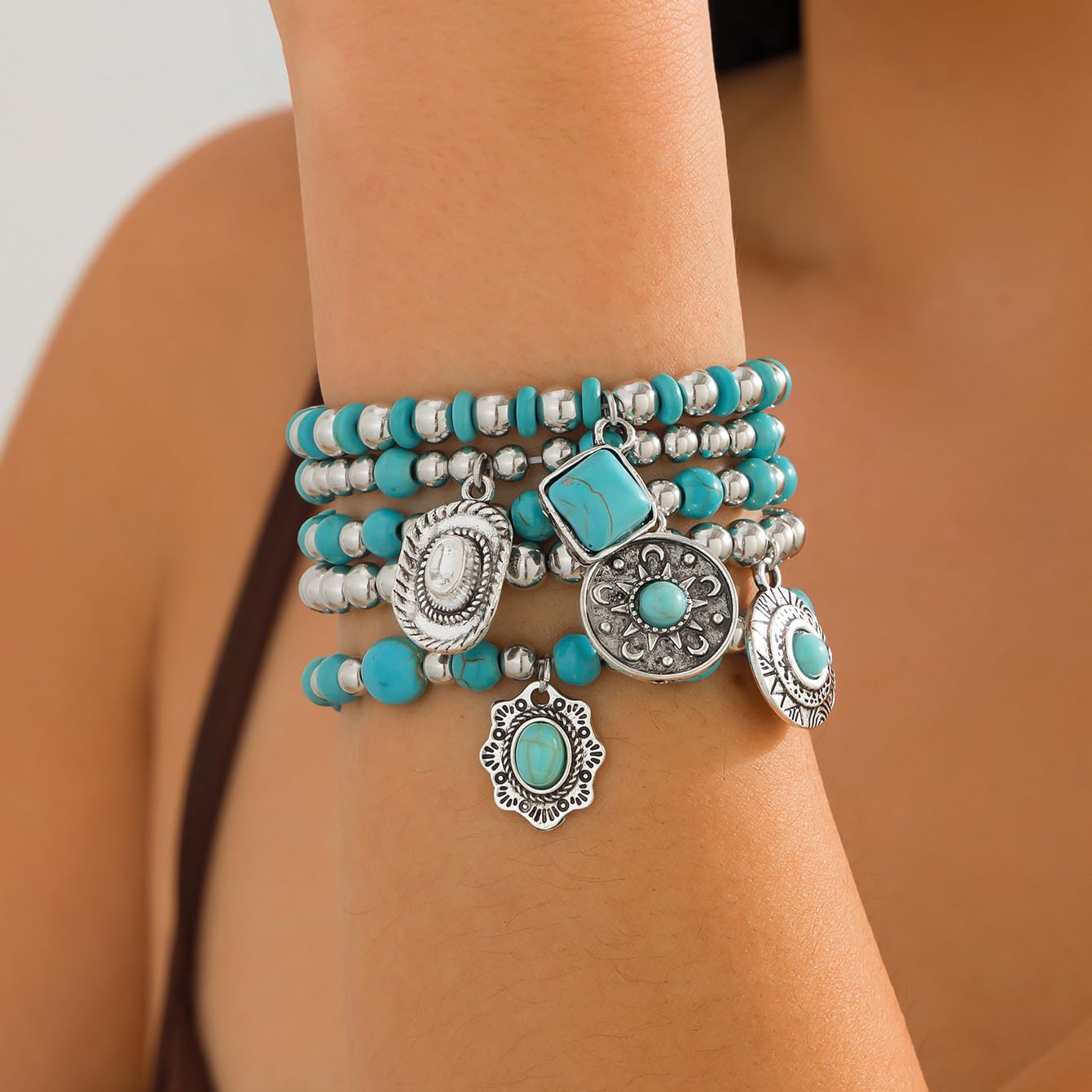 LKingel Turquoise Western Bracelets for Women Bohemian Vintage Stackable Turquoise Bracelet Rustic Beaded Cow Head Charm Stretch