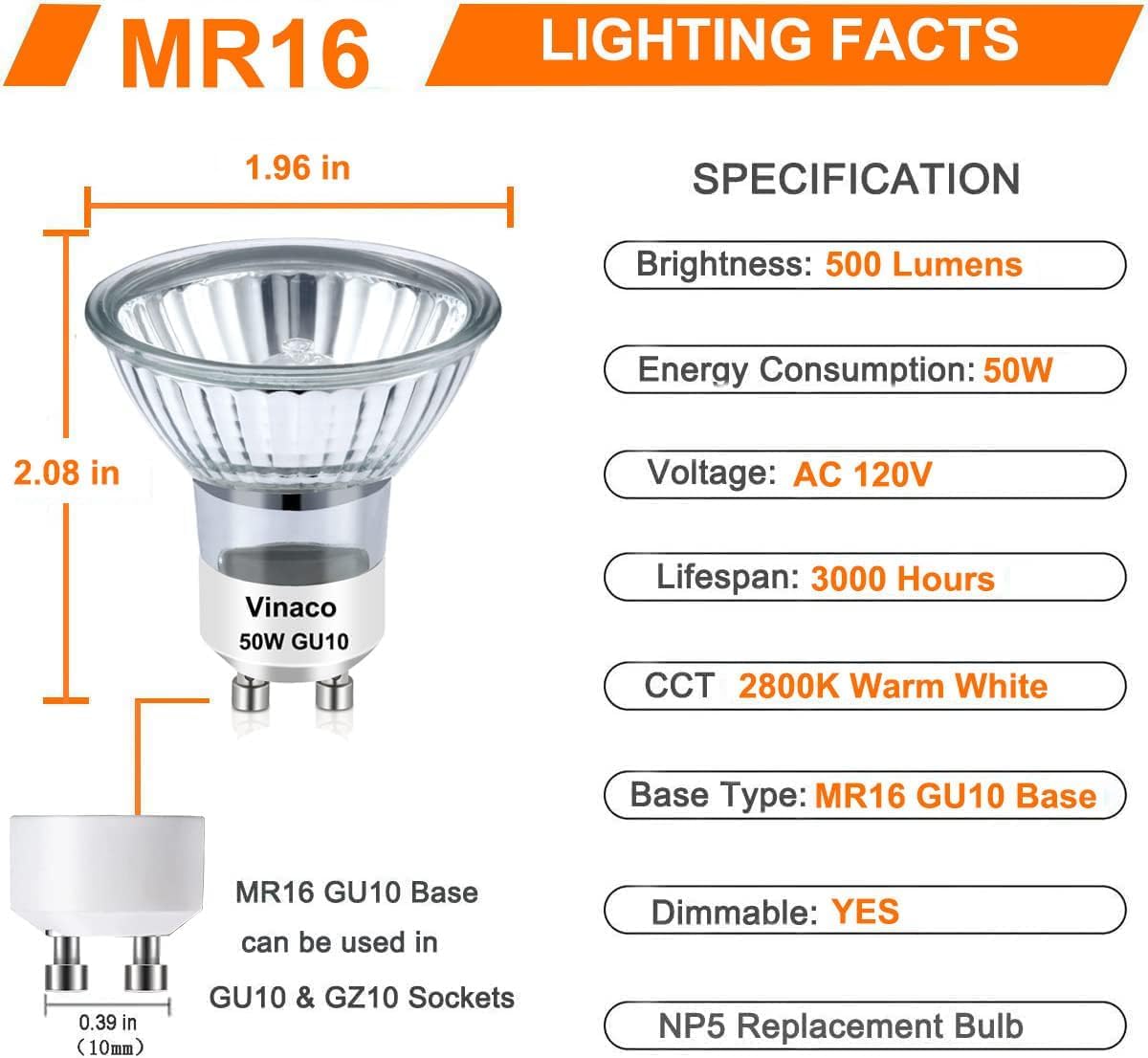 Vinaco Halogen GU10+C 120V 50W Long Lasting, Candle Warmer lamp Bulb 50 watt Warm White 2800K, Dimmable 50watt MR16 with Glass Cover for Track Lighting, Range Hood, Pack of 6