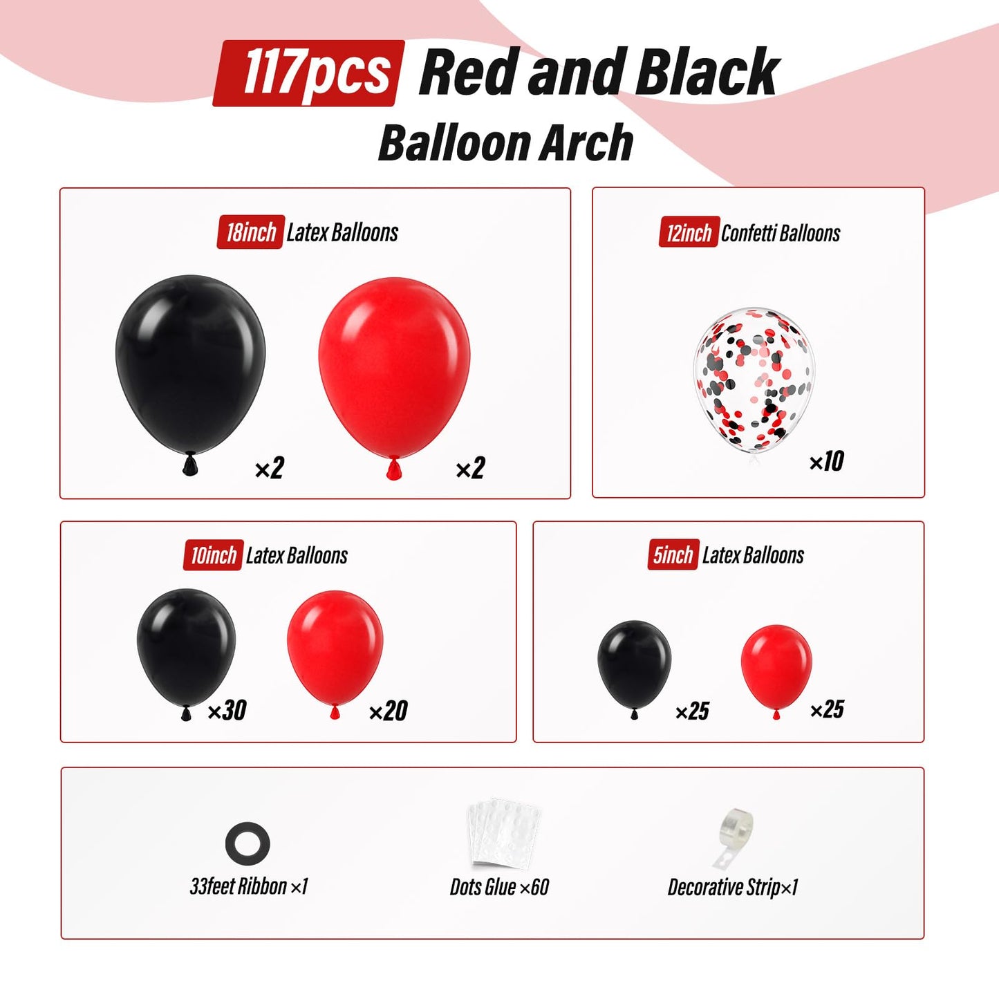 Red and Black Balloon Arch Garland Kit with Black Red Confetti Balloons for Graduation Anniversary Valentine New Year Birthday Party Decorations