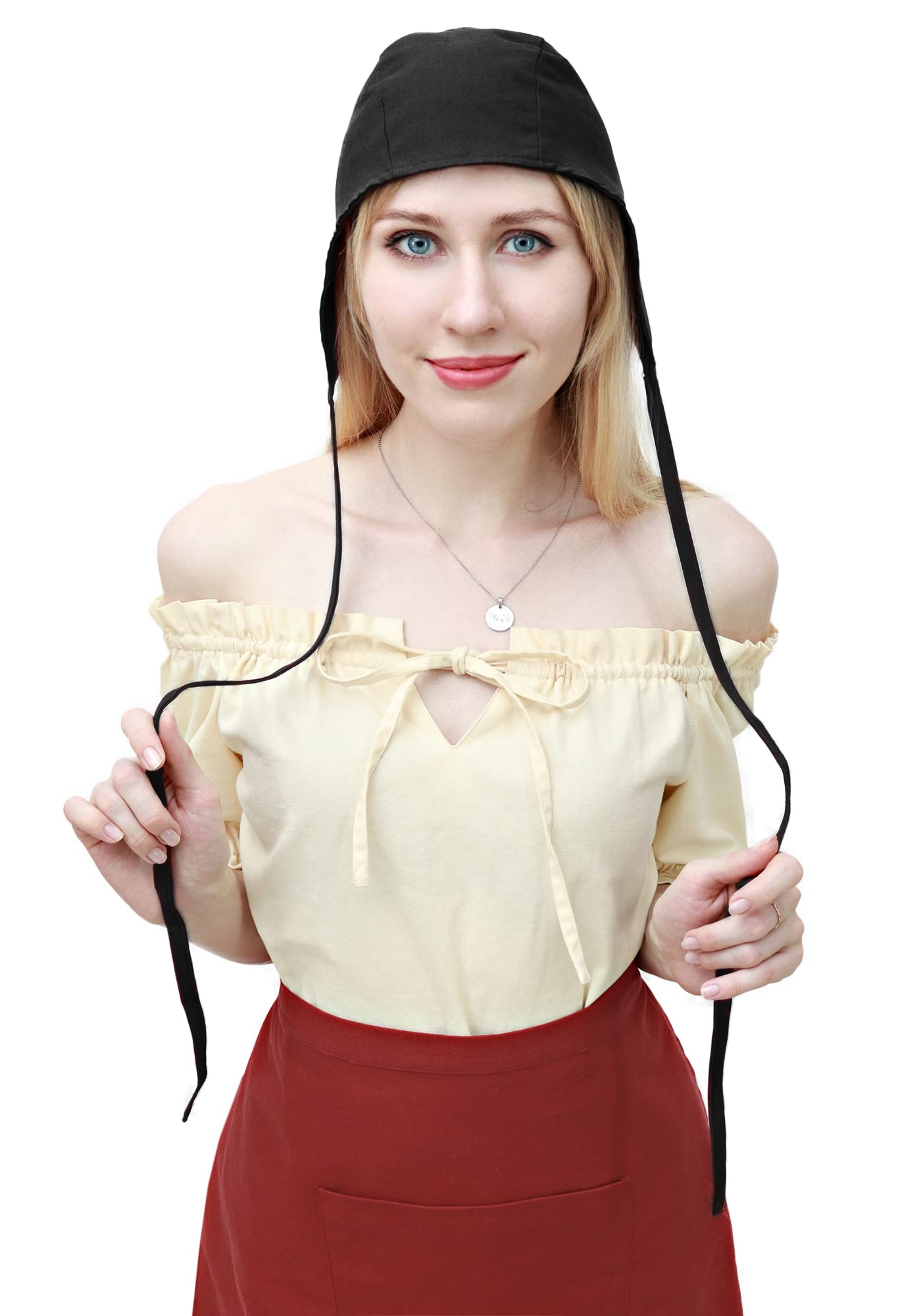 KUOIN Medieval Coif Cap Women's Victorian Hat Colonial Cosplay Headwear (Black)