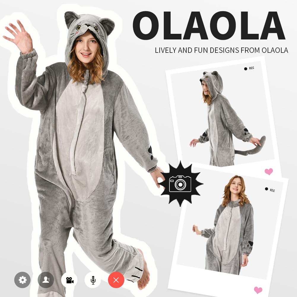 OLAOLA Adult British Shorthair Cat Onesie Animal Pajamas Flannel Homewear Sleepwear Halloween Cosplay Jumpsuit for Women Men