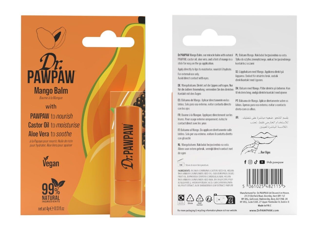 Dr. PawPaw Lip Balm - Hydrating Lip Balm Moisturizer with Aloe Vera for Deep Nourishment - Castor Oil Enriched - Mango - 0.13 oz