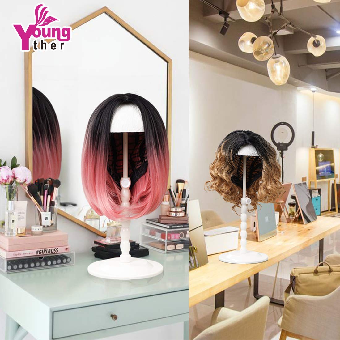Youngther Wig Stand Adjustable Height Hat Display Portable Folding Wig Head Holders Plastic Wig Stand for Styling Wig Hair Dryin