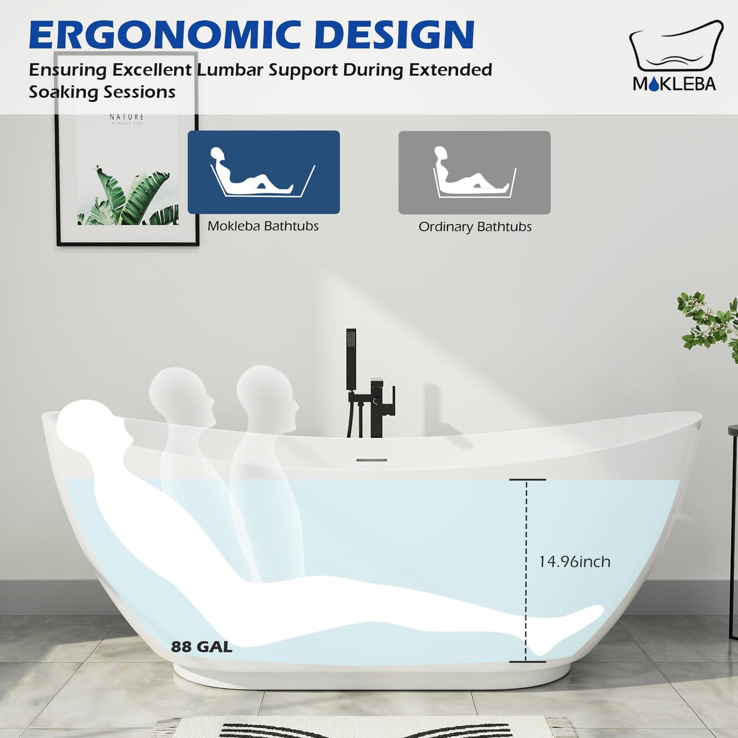 Mokleba 67" Lucite Acrylic Freestanding Bathtub, Double Slipper Shape Contemporary Soaking Tub with Toe-tap Chrome Drain, Slotted Overflow, cUPC Certified, Glossy White