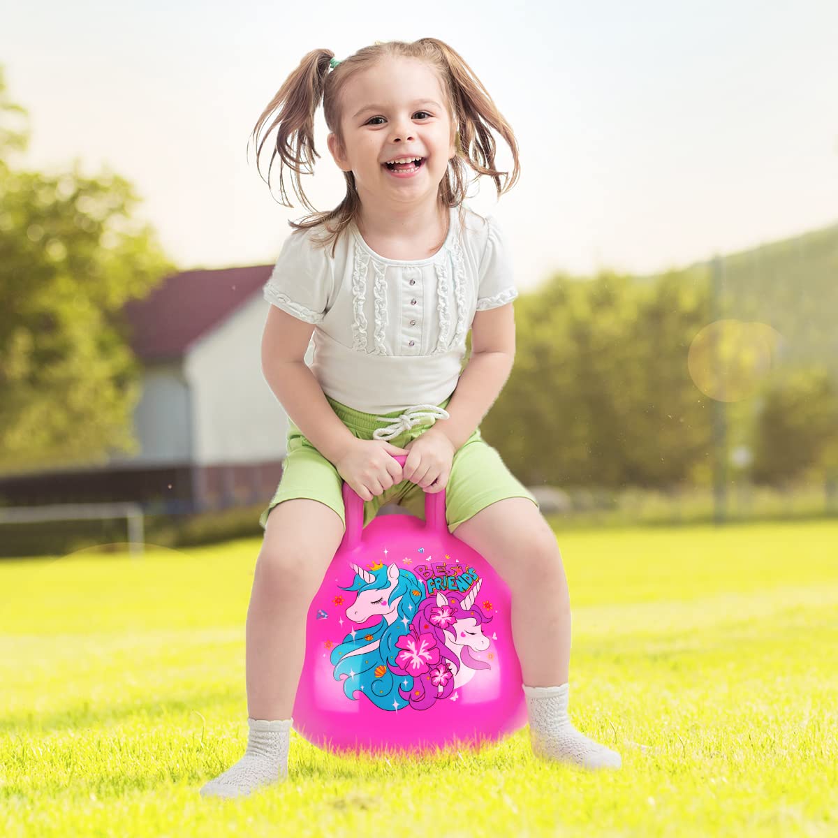 U&C Planet Hopper Ball 18 inches Bouncy Ball with Handle for Kids Age 3-6 Hoppity Hop Sit and Bounce Jumping Hopping Toy with Pump and Gift Box Great Gift for Birthday Christmas, Pink