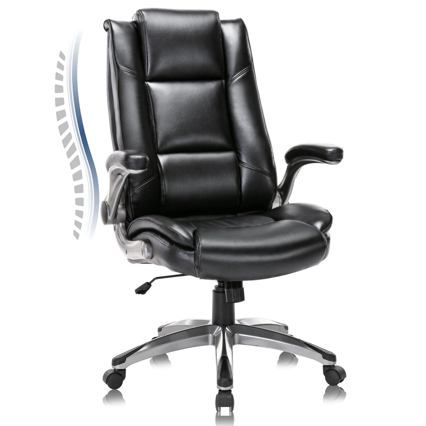 COLAMY Leather Executive Office Chair - High Back Home Computer Desk Chair with Padded Flip-up Arms, Adjustable Tilt Lock, Swivel Rolling Ergonomic Chair for Adult Working Study, Black