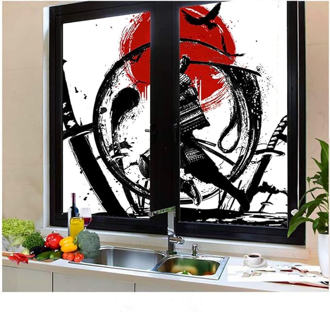 Japanese Samurai Decorative Window Film Watercolor Ink Samurai Sword Red Sun Printdining Room Window Film,Dorm Room Glass Film 23.6Wx47.2L-Inch X2Pcs