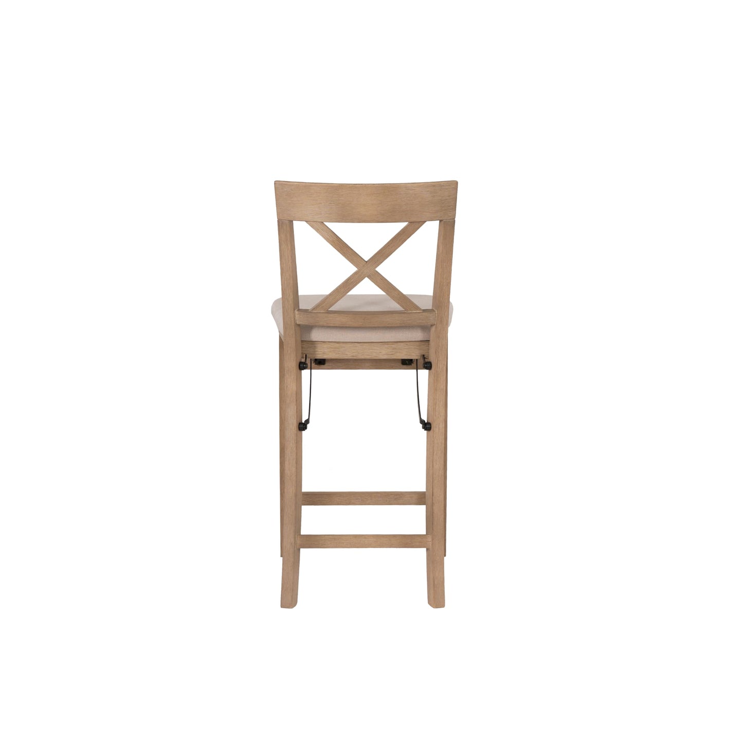 Linon Triena X Back Neutral Greywash Wooden Fully Assembled Folding 24 Inch Seat Height Counter Stool with Beige Upholstered Seat