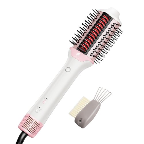 2-in-1 Blow Dryer Brush & Hair Straightener, Ionic & Ceramic Thermal Brush with Adjustable Heat & Cool Shot, 110000 RPM Motor High-Speed Motor for Frizz-Free, Smooth & Voluminous Hair, White with Comb