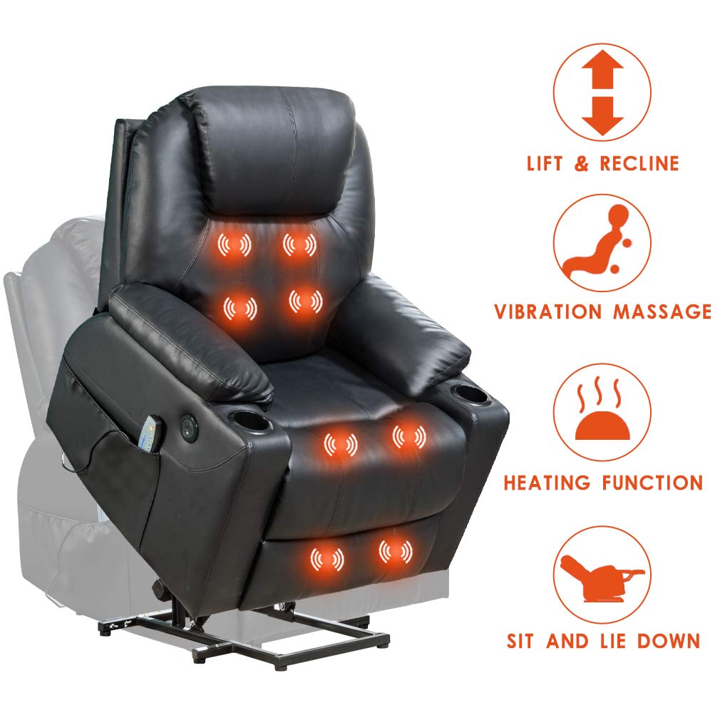 BestMassage Electric Power Lift Chair Recliner Sofa for Elderly Massage Chair, Adjustable Furniture with Vibration Massage and Lumbar Heated,Remote Control,USB Ports for Living Room (Black, Leather)