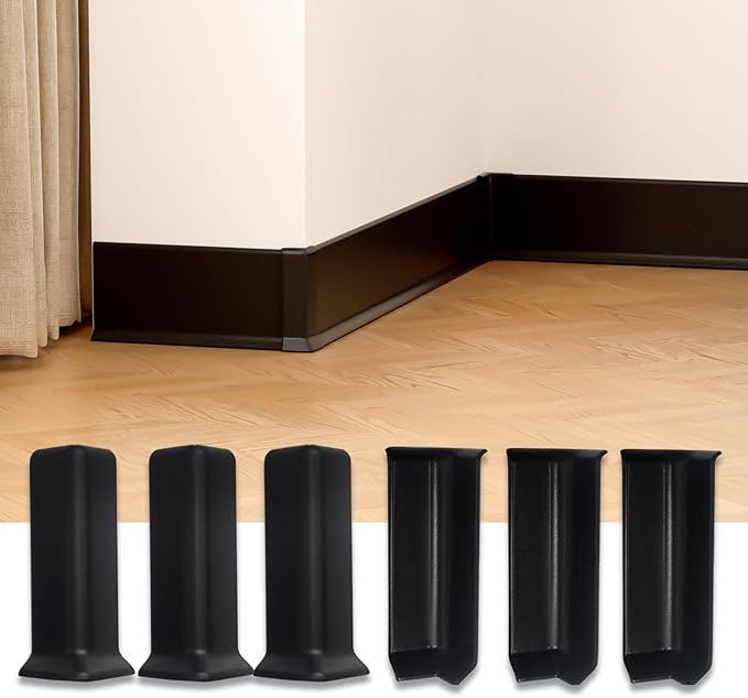 GAMZAU Baseboard Corner Blocks 6inch Height, Self Adhesive 3 Inside + 3 Outside Corners-Connector Between The Cove Base Wall Base Rubber Moulding Trim, Perfect Match for Our S152 Baseboard(Black)