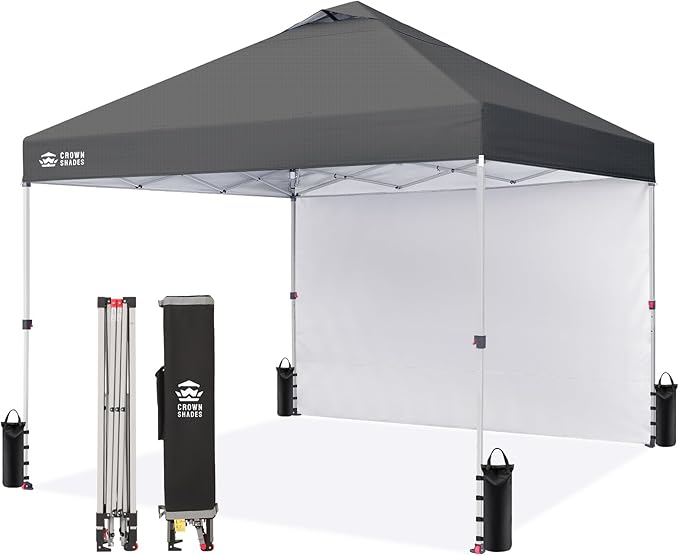 CROWN SHADES 10x10 Pop Up Canopy with 1 Side Wall - Beach Tent with One Push Setup - Outdoor Sun Shade for Events, Partie...