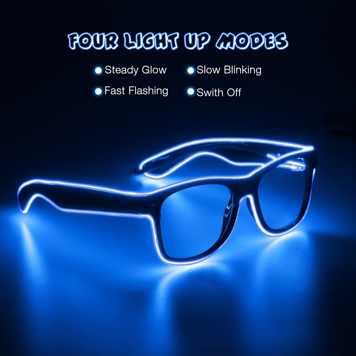 Aquat Light up EL Wire Neon Rave Glasses Glow Flashing LED Sunglasses Costumes For Party, EDM, Halloween, Wired with Battery Power RB01 (Blue, Black Frame)