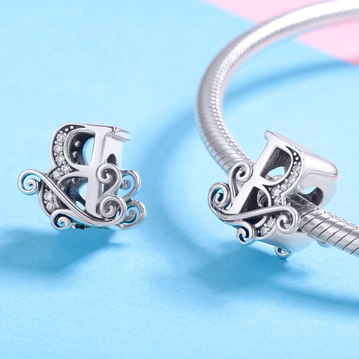 BISAER 925 Sterling Silver Initial Letter B Charms for Bracelets Alphabet Beads Charm Jewelry Gifts