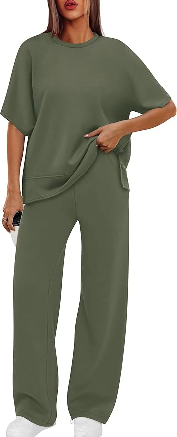 XIEERDUO Women's Side Slit Lounge Sets 2 Piece Travel Outfits Airport Tracksuit Oversized Wide Leg Loungewear S-3XL