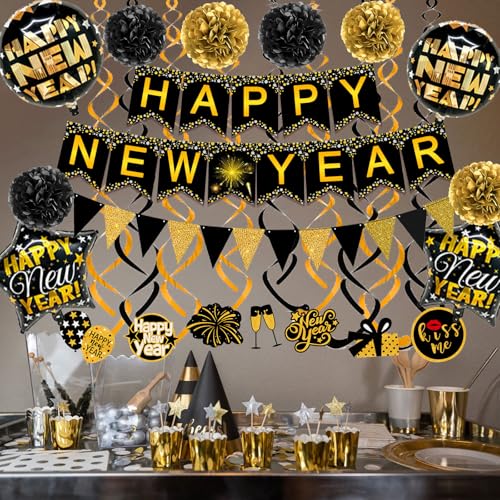 Famoby Happy New Year Paper Banner Triangle Flag Bunting Pom poms Swirls Streamers & Balloons for New year Party Decoration