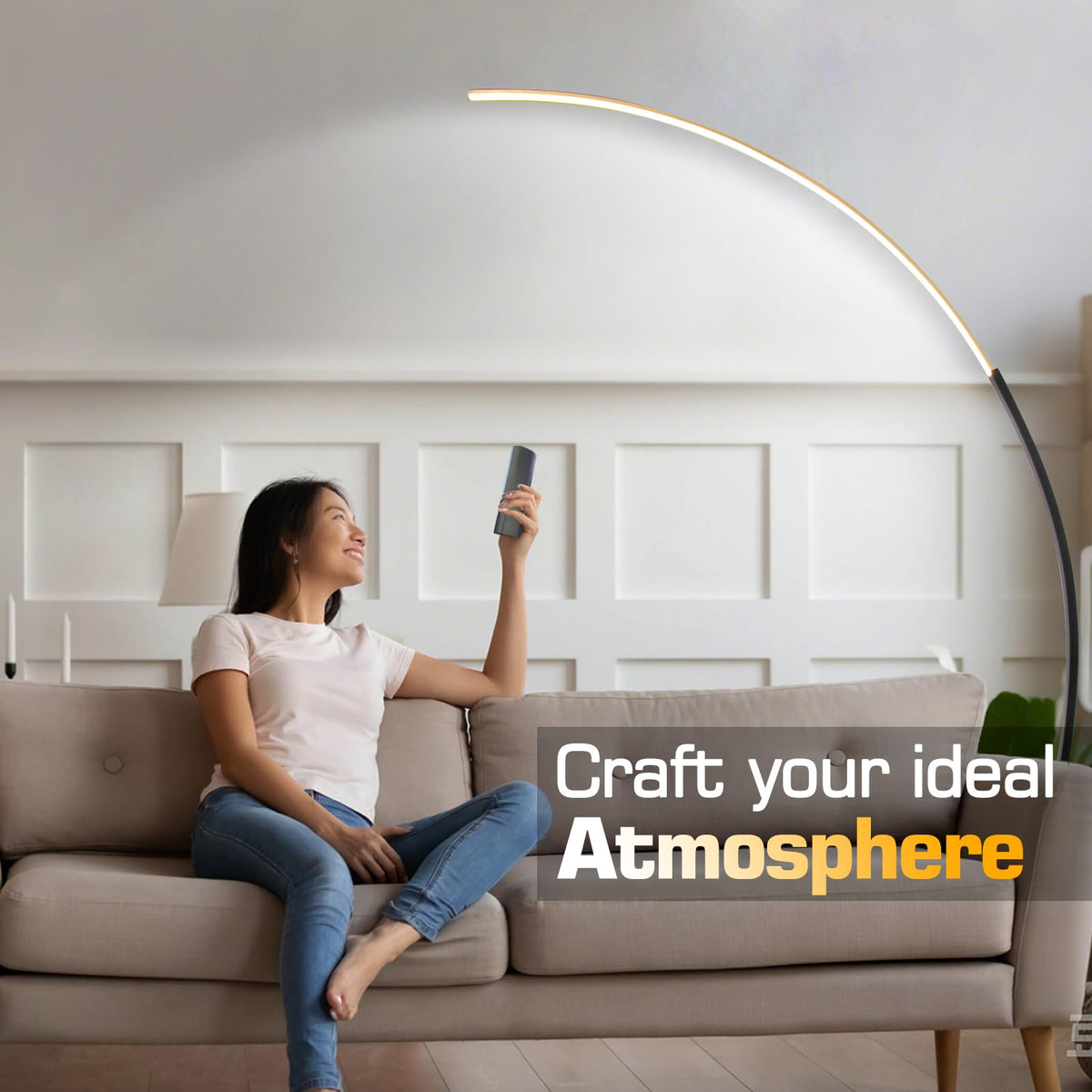 ShineMuse Modern LED Arc Floor Lamp Dimmable,Black Gold Arched Floor Lamp Standing Lamp with Remote for Living Room Bedroom Office Corner