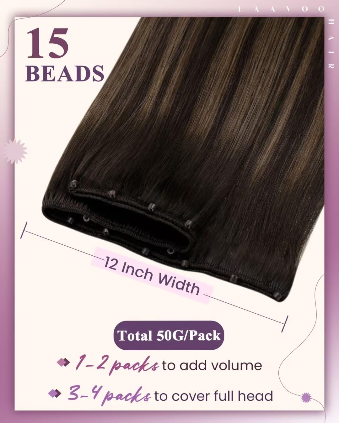 LaaVoo Beaded Weft Hair Extensions Human Hair Brown Micro Beaded Weft Extensions Ombre Darkest Brown to Light Brown 18inch 50g
