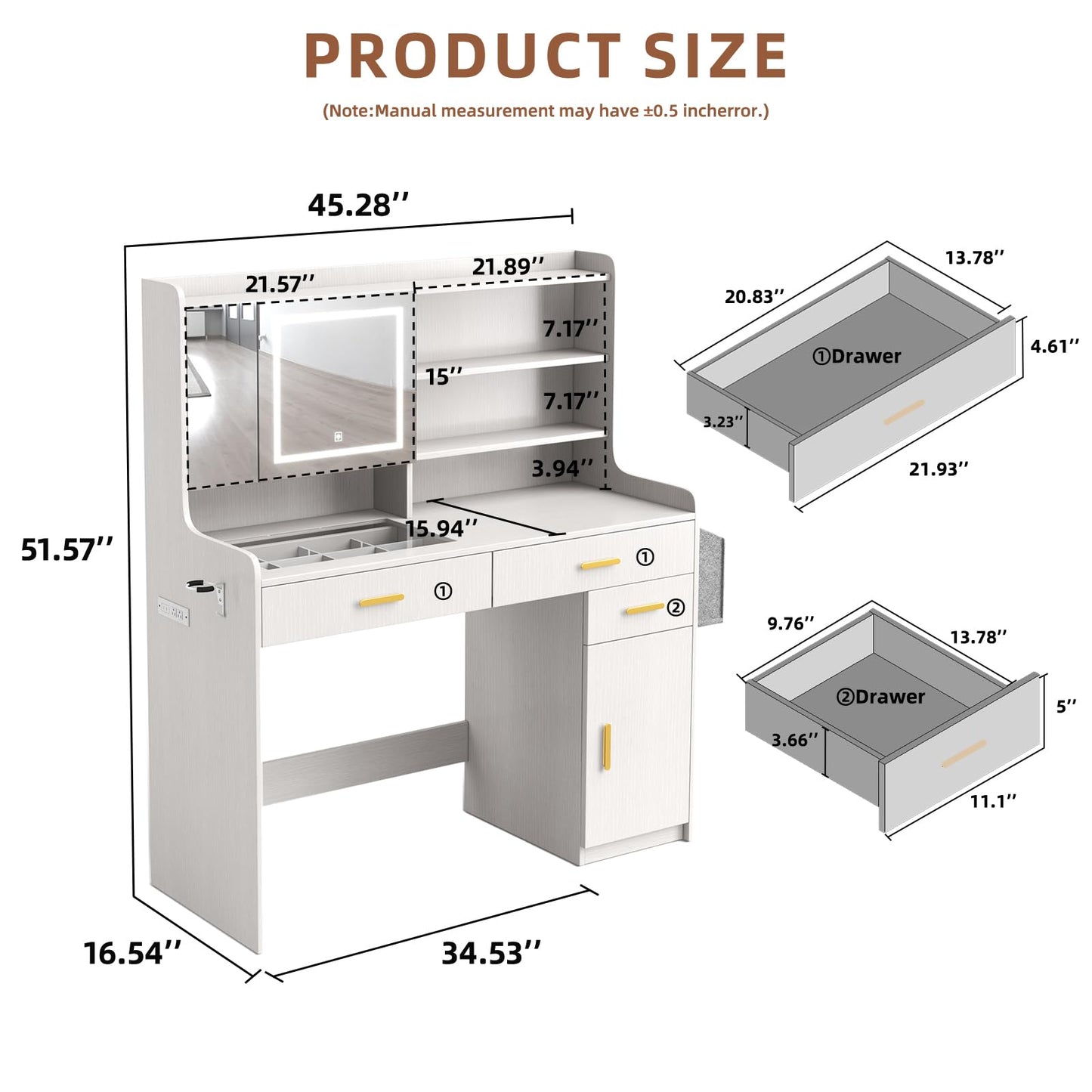 KATYGLORY Vanity Desk with Mirror and Adjustable LED Lights Makeup Vanity Table for Bedroom with Glass Tabletop Power Outlet Storage Bag 3 Drawers 1 Cabinet and 6 Storage Shelve,White