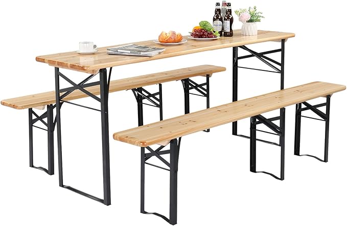 VINGLI 70 Inch Folding Picnic Tables with Benches Set, Weather-Resistant Wooden Beer Garden Table Bench, 3-Piece Portable ...
