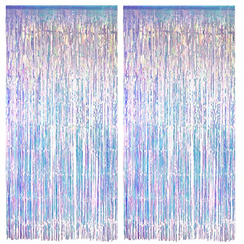 Iridescent Party Streamers Backdrop - GREATRIL Neon Transparent Holographic Tinsel Foil Fringe Curtain for Mermaid/Frozen/...