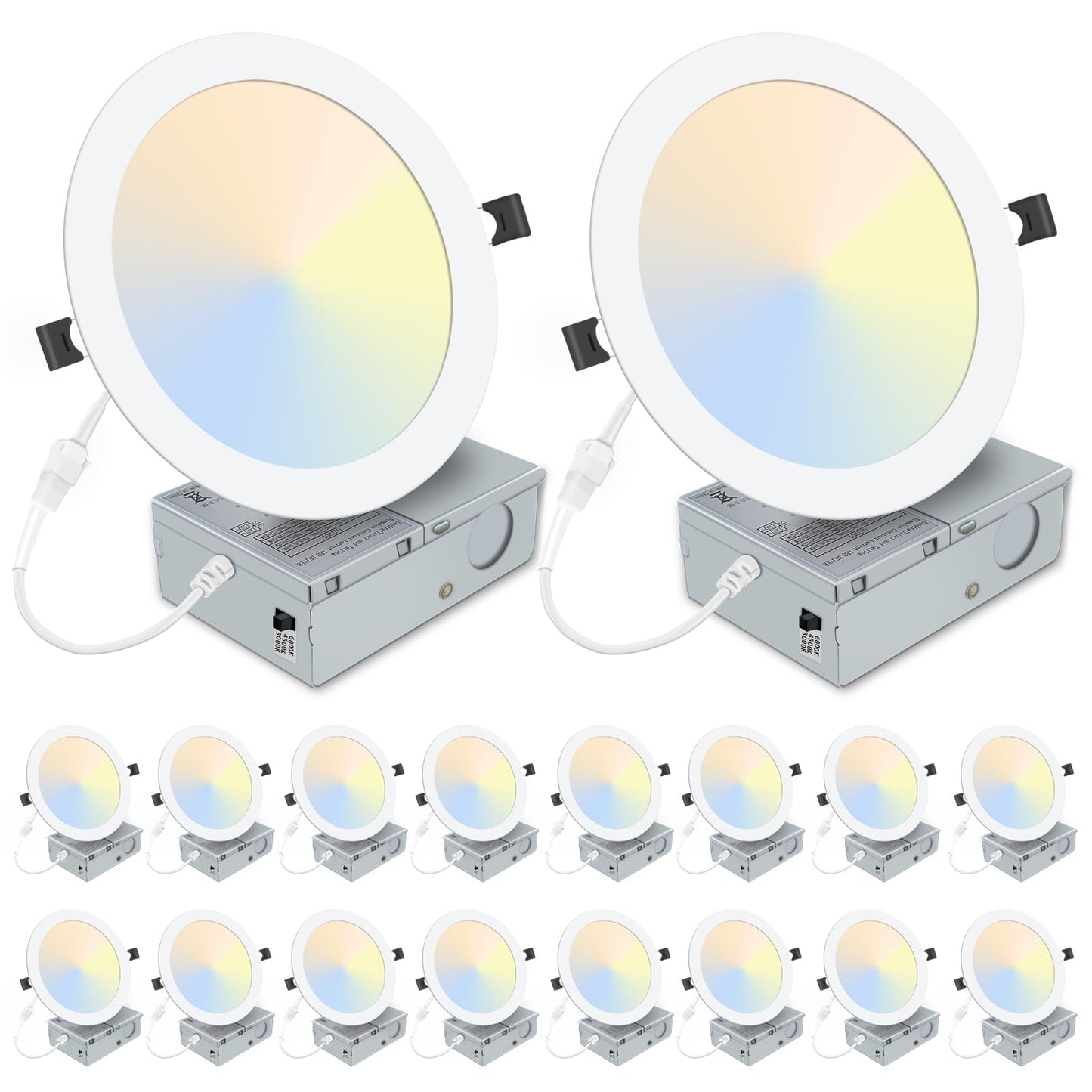 LZHOME 8 Inch Recessed LED Light: 18 Packs Ultra Thin LED Recessed Lighting with Junction Box, 3000K/4500K/6000K Selectable, 2700K-5000K, High Brightness 1800LM Dimmable Canless LED Downlight