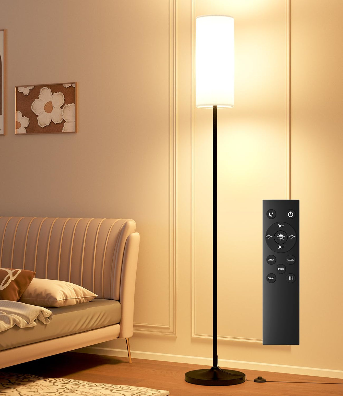 luckystyle LED Floor Lamp for Living Room, Dimmable Standing Lamps with Foot Switch,Remote Custom Color Temperature Black Pole Lamp with Lampshade,12W Led Bulb Tall Lamps for Bedroom Office Kid Room