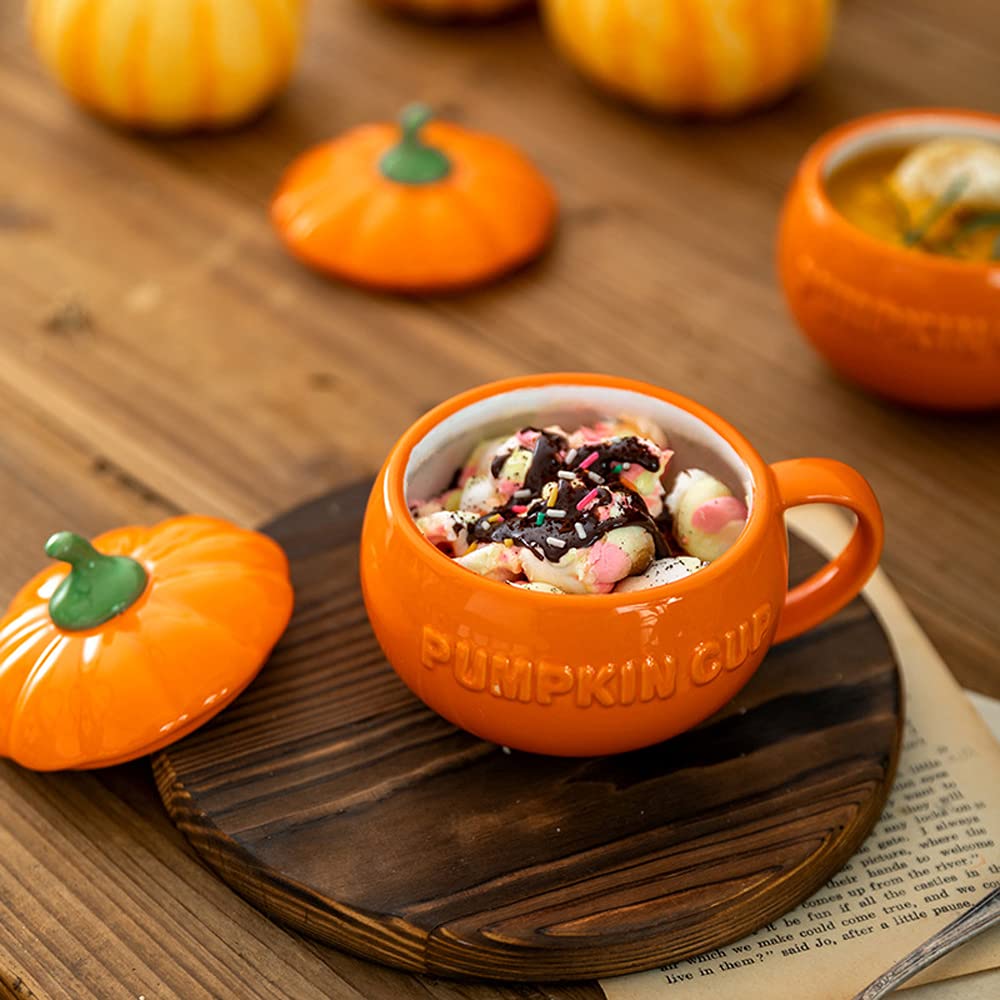qqqqqq Cute Pumpkin Cup Ceramics ffee Mug Milk Soup Breakfast Novelty Personalised Cartoon Cup with Lid, 10.1 ounce