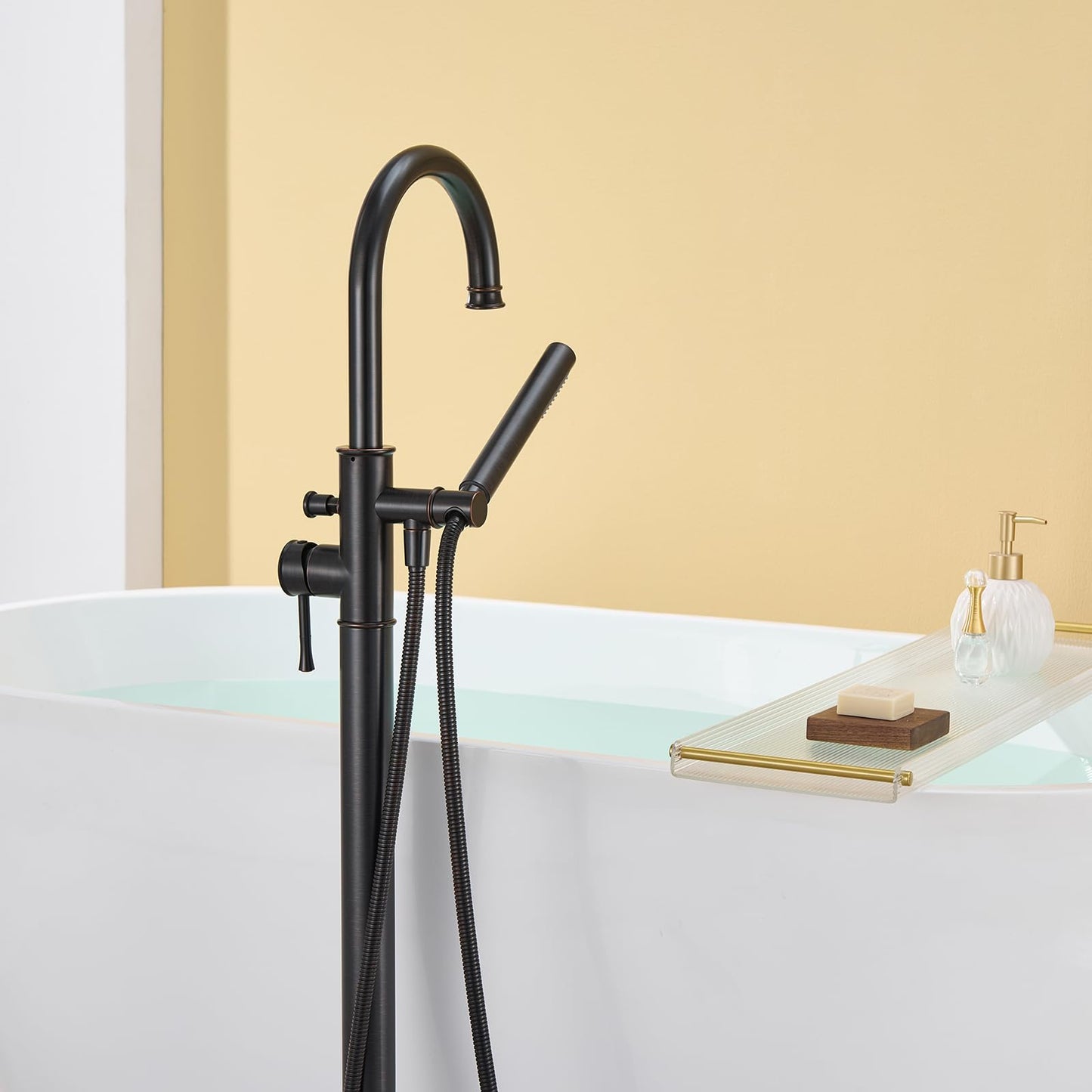 Wowkk Free Standing Tub Faucet Oil Rubbed Bronze Freestanding Bathtub Faucet Floor Mount Brass Bathroom Tub Filler with Hand Shower