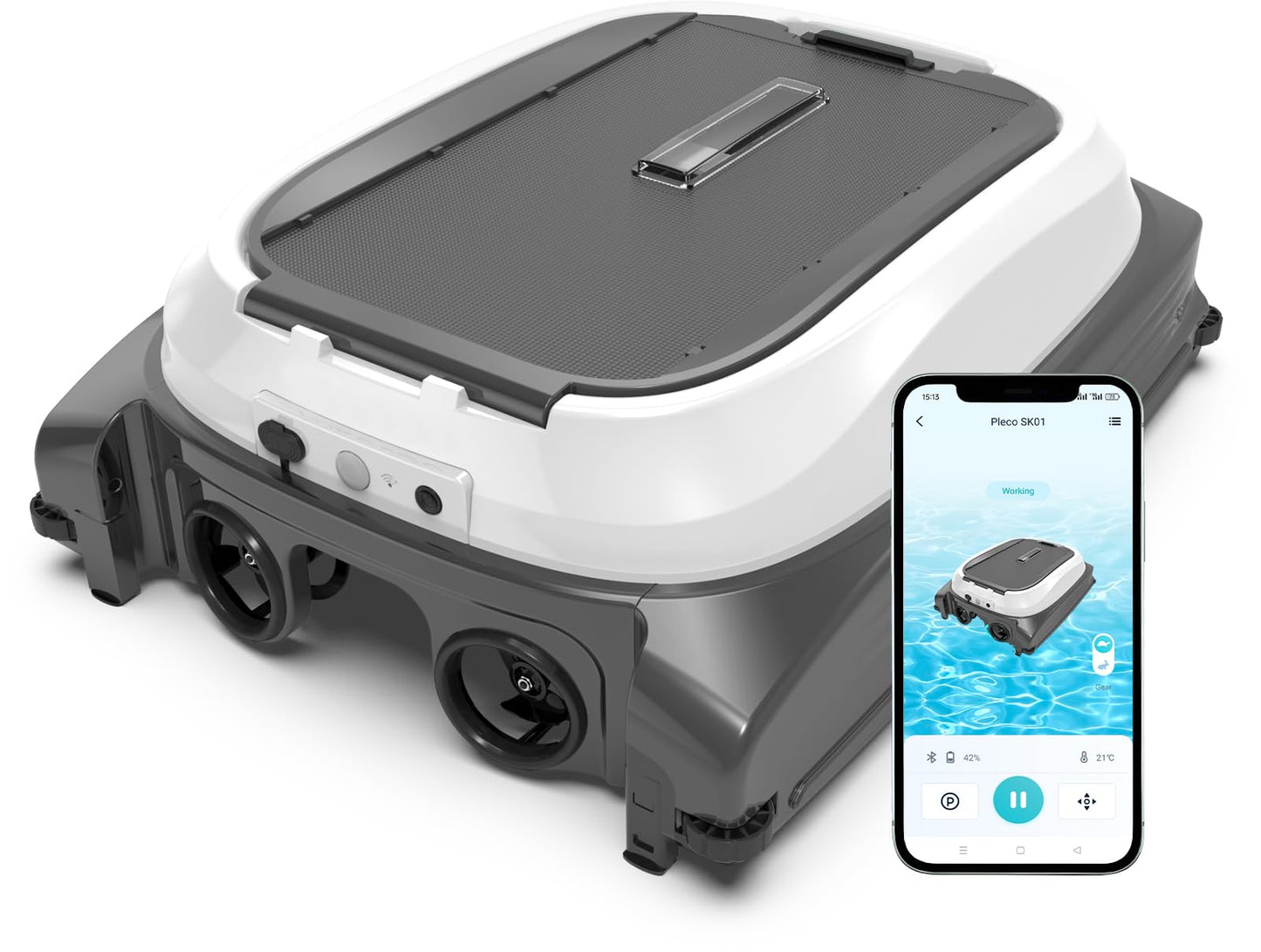 Pleco SK01 Solar Powered Pool Surface Skimmer Robot – APP Controlled, 24/7 Auto Cleaning, Dual Charging, Obstacle Avoidance, Large Filter, Fits Most Pools (Gray White)