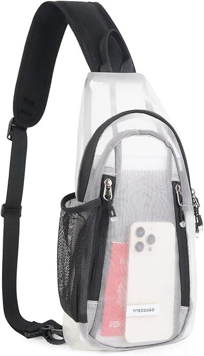 TITECOUGO Clear Sling Bag, Switchable Right or Left Strap, Transparent Mesh – Stadium Approved (Check Venue Policy)