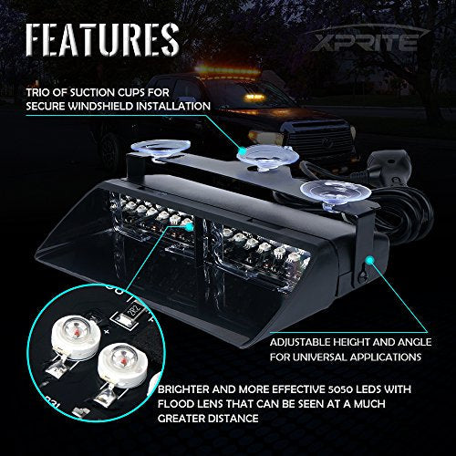 Xprite White Blue LED Emergency Dash Strobe Light, Interior Windshield Safety Warning Flashing Lights w/Suction Cups,12V W...