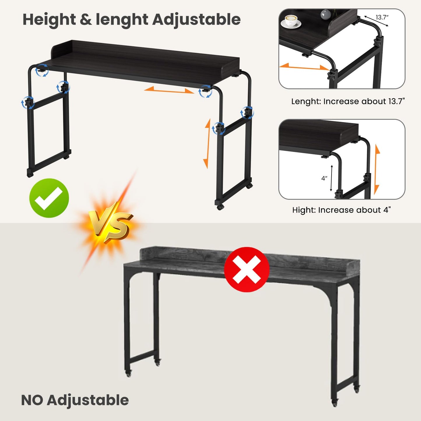 Smalibal Overbed Table with Wheels, Modern Style, Over Bed Desk with Various Height Adjustable and Raised Baffle for Home Office Bedroom Hospital Workstation, 20KG Weight Capacity Matte Black