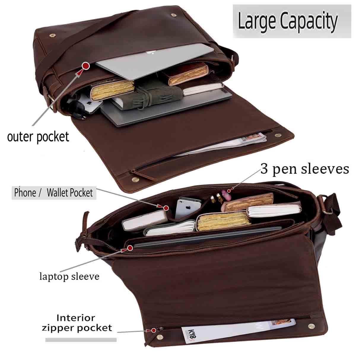 Leather Farm Messenger Bag for Men & Women 15.6 Inch – Premium Vintage Handmade Laptop Briefcase Satchel, Mens Shoulder Crossbody, Genuine Leather Computer Bag with Adjustable Strap Brown
