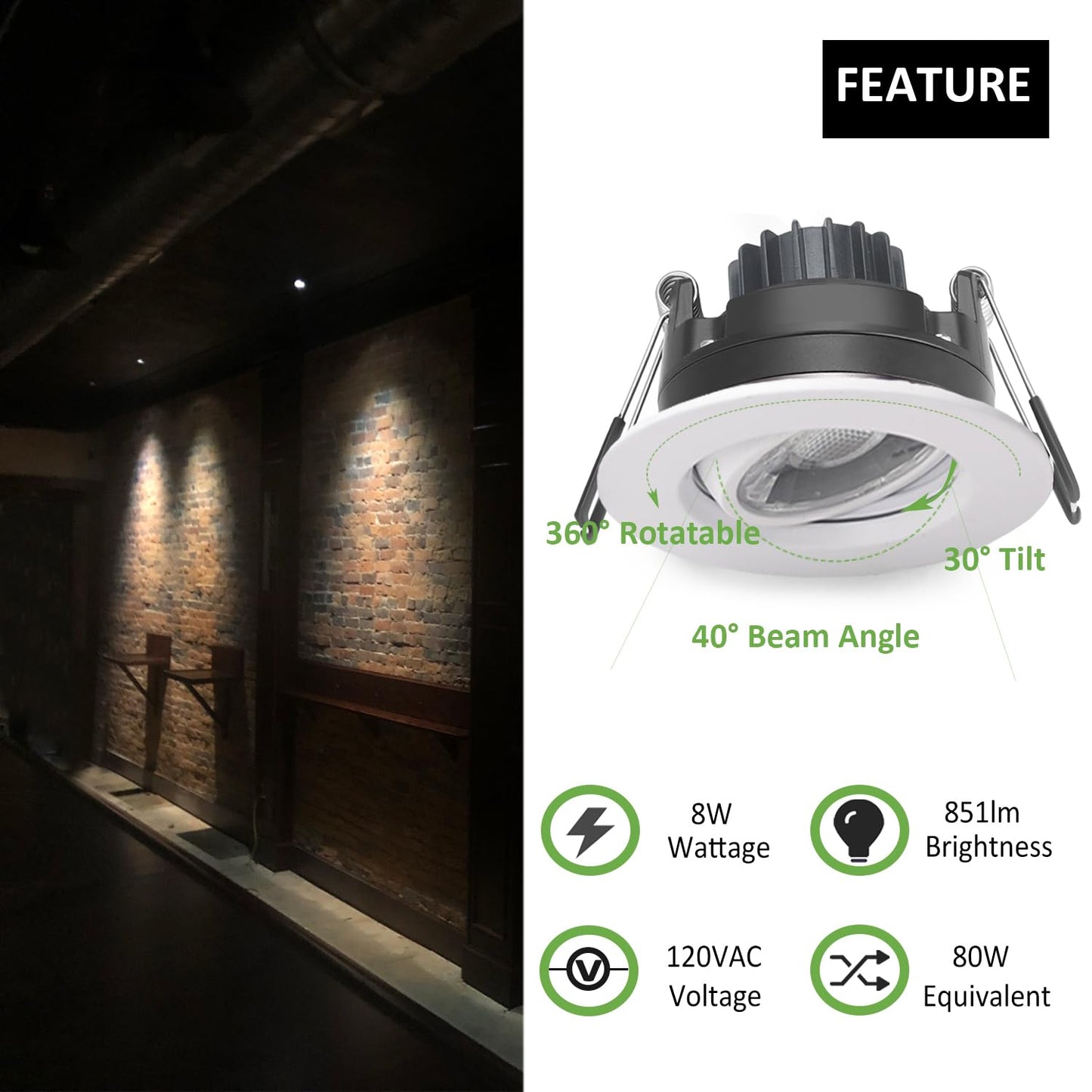 POPANU Canless Recessed Gimbal Downlight Rotatable-Spotlight 5 CCT 3 Inch Eyeball Ceilling Potlight, Dimmable Recessed Lights Fixture with Junction Box, 8W CCT Adjustable, White Round Trim, 6 Pack