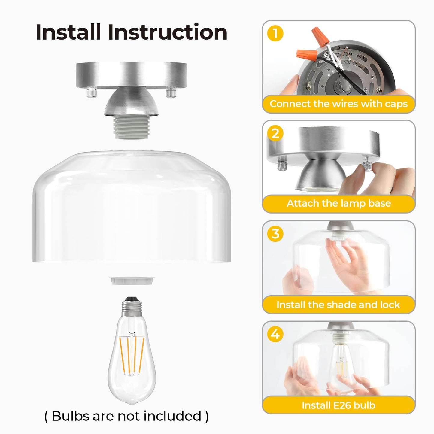 LACCEN Semi Flush Mount Ceiling Light Silver, Clear Glass Pendant Lamp Shade, Modern Farmhouse Light Fixture for Hallway Corridor Kitchen Entryway Bedroom, Bulb Not Included