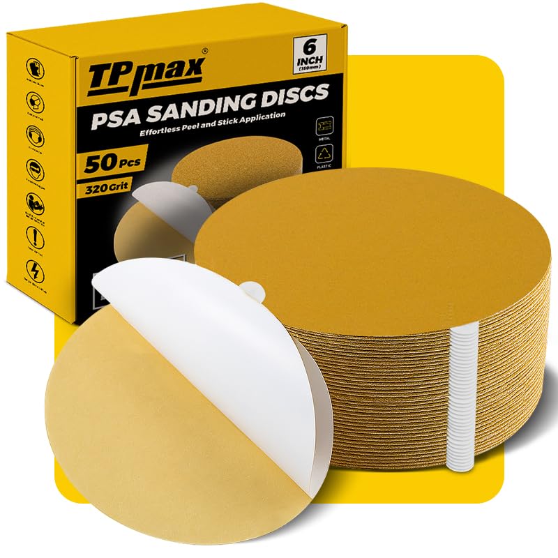 6-Inch 320-Grit Gold PSA Sanding Discs, 50 Pack – Pro-Grade Self-Adhesive Stickyback Sandpaper with Quick-Release Tabs for DA Sander, Ultra-Fine Automotive/Wood/Metal Sanding