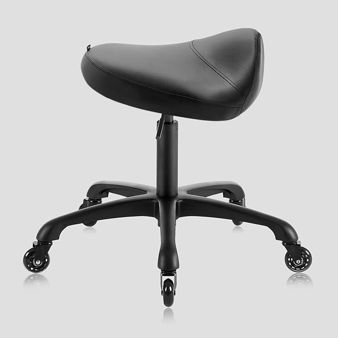 Heavy-Duty Ergonomic Pneumatic Swivel Rolling Saddle Stool with Extra Wide Seat for Hygienic Clinic Spa Massage Home and Office - 505 KIMO (Black)