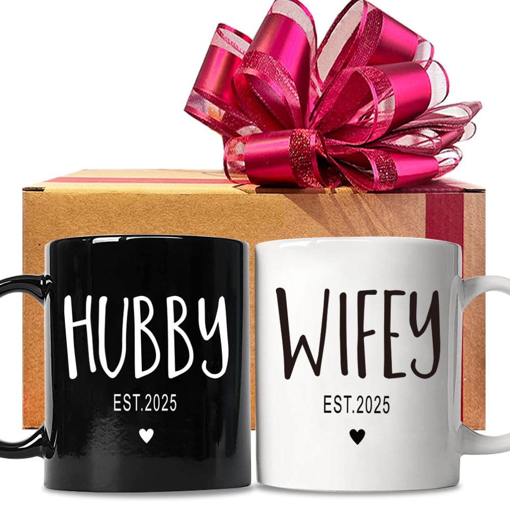 FALJIOK Est 2025 Hubby & Wifey Coffee Mug Set, Wedding Mug Gifts for Couple, Bride Groom Mug Set, Novelty Couples Coffee Mug Set, Mr and Mrs Mugs, Mr & Mrs Bridal Shower Gift, Wedding Gifts