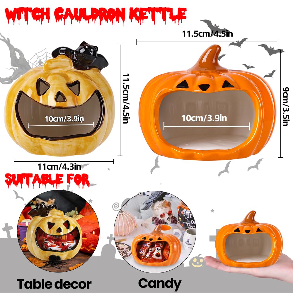 DIYDEC 2pcs Halloween Candy Bowls, Pumpkin Candy Dish Candle Holder Pumpkin Ceramic Bowl Tableware Decorations for Halloween Tiered Tray Ornament Home Decor