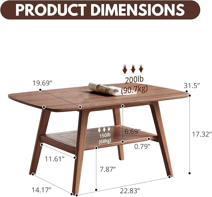 Hymus Solid Wood Coffee Table - 2-Tier Modern Center Table, Living Room Tables with Double Storage for Living Rooms, Bedrooms, and Offices (Walnut, 31.49" D x 19.68" W x 17.32" H)