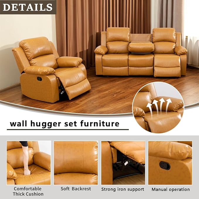 A Ainehome Living Room Furniture Set Leather Recliner Sofa Set Loveseat Chair Furniture Sofa Set for Living Room/Small Space/Rv/House/Office/Theater Seating (A-Ginger Leather, Sofa+Chairs)
