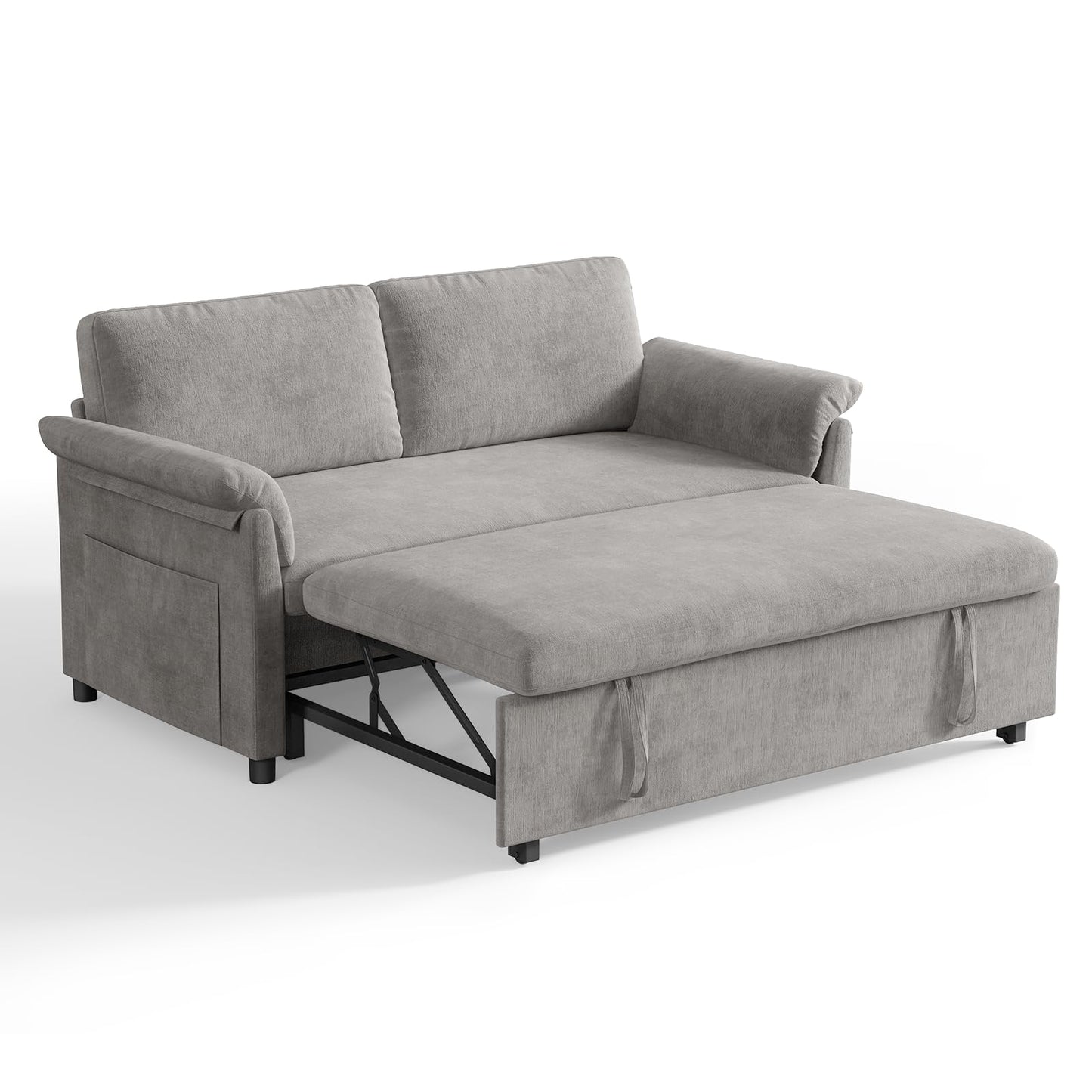 ONBRILL 3 in 1 Pull Out Couch, 59 Inch Convertible Sleeper Sofa Bed,Chenille Sofa Bed w/Adjustable Backrest, Side Pockets, Small Couches for Living Room, Bedroom, Grey
