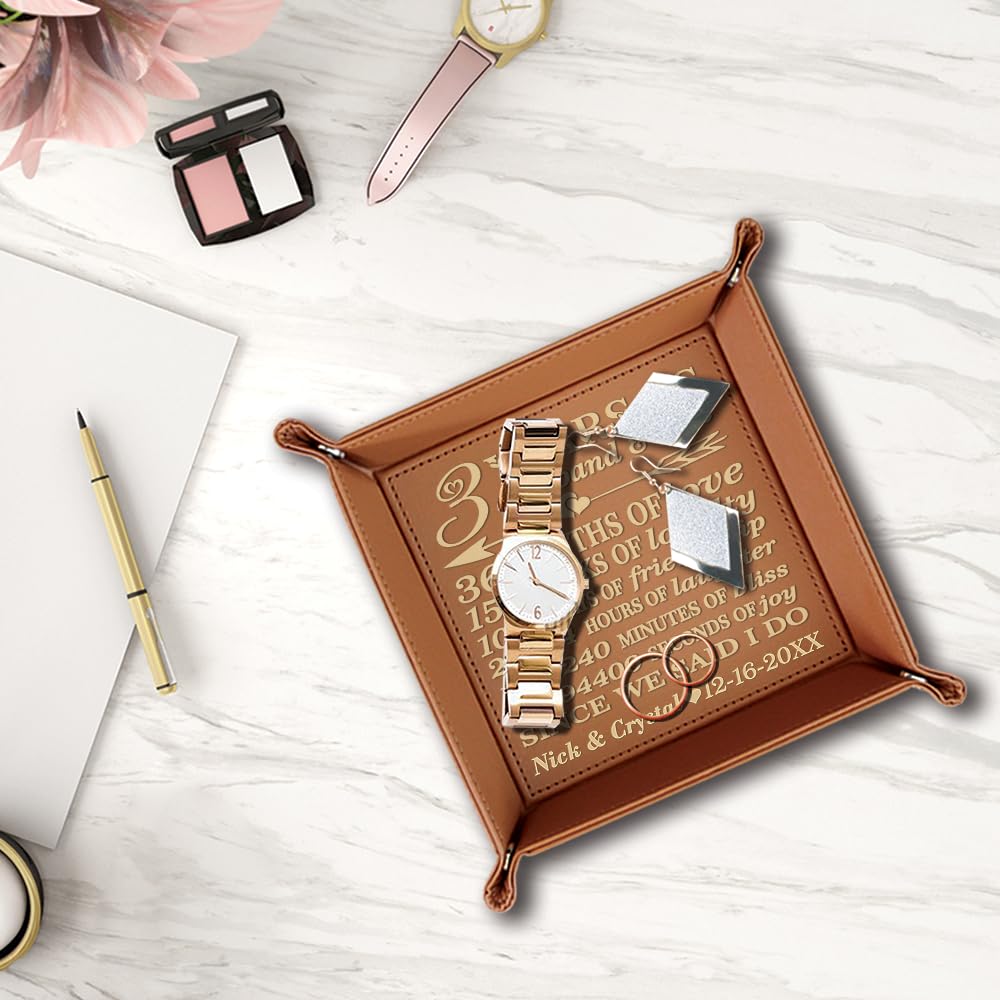 Bella Busta-Personalize 3 Years as Husband and Wife Theme-Traditional 3th Anniversary Keepsake -Engraved Leather Tray Valet (Rawhide)