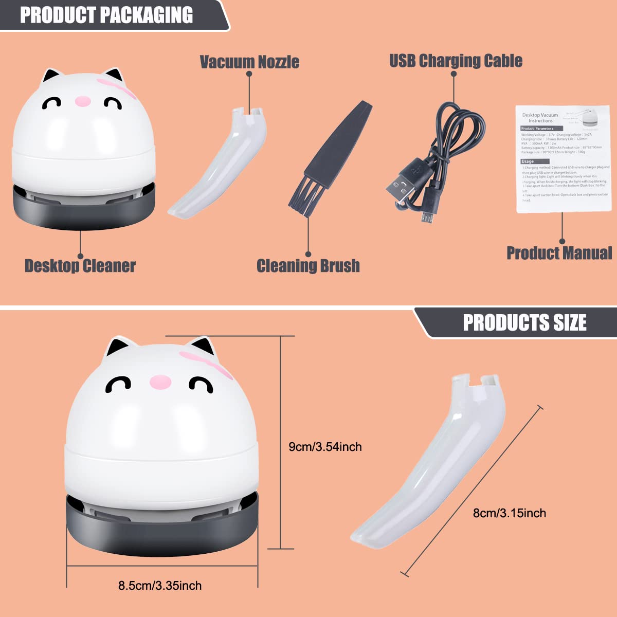 YUNYILAN Mini Desktop Vacuum Cleaner, Portable USB Vacuum Cleaner for Desk Mini Cute Cartoon Desktop Vacuum for Cleaning Eraser Crumbs, Dust, Crumbs, Computer, Keyboard and Car (White)